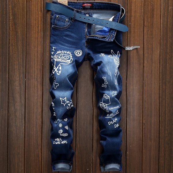 

1907 new arrival men's summer thin slim type jeans stretch feet cartoon pictures long pants trend size27 28 29 30 31 32 33 34 36, Blue