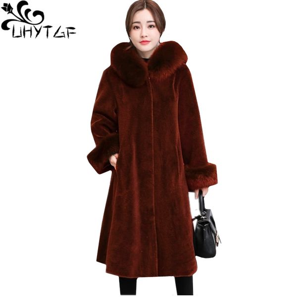 

uhytgf fashion oversized fur collar winter fur coat women hooded sheep shearing warm long outerwear elegant female coat 1099, Black