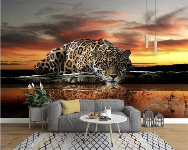 Beibehang papier peint wandbild 3d Moderne persönlichkeit HD leopard reflexion malerei TV hintergrund wand wand papiere wohnkultur