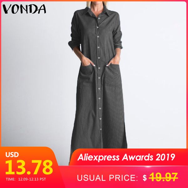 

casual dresses vonda shirt dress women 2021 autumn long sleeve turn down collar buttons split striped vestidos plus size, Black;gray