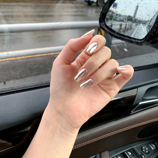 

24pcs/box silver mid-length cool women wearable full cover finger fake nails press on square head finished products nail tips, Red;gold