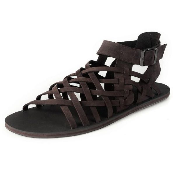 

korean style high cow leather rome gladiators summer beach sandals for men, Black