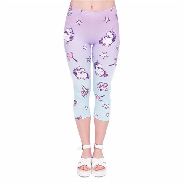

summer women capri leggings unicorn printing mid calf 3 4 fitness movement leggins capri pants, Black