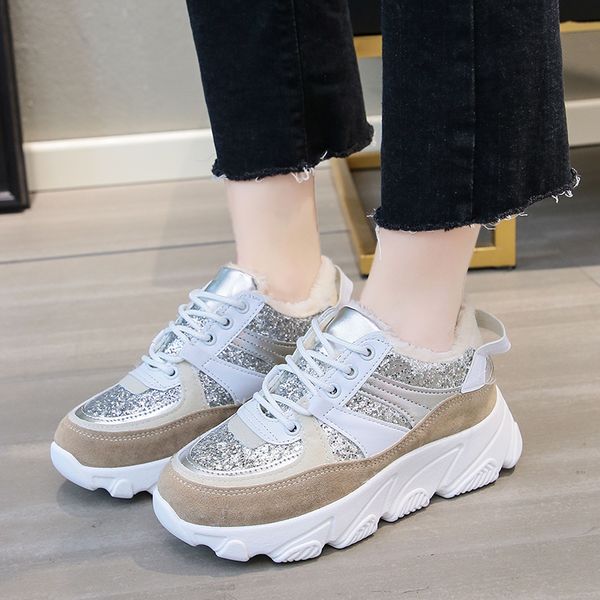 

2020 spring fashion silver glitter sneakers women chunky platform vulcanize shoes woman round toe 4cm bottom casual shoes, Black