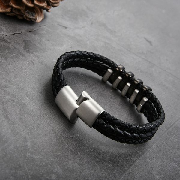 

2020 fashion simple men's leather bracelet multilayer woven leather bracelet 22cm, Black