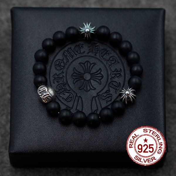 

s925 sterling silver strand bracelets fashion classic vintage obsidian punk hip-hop style models to send a gift of love, Black