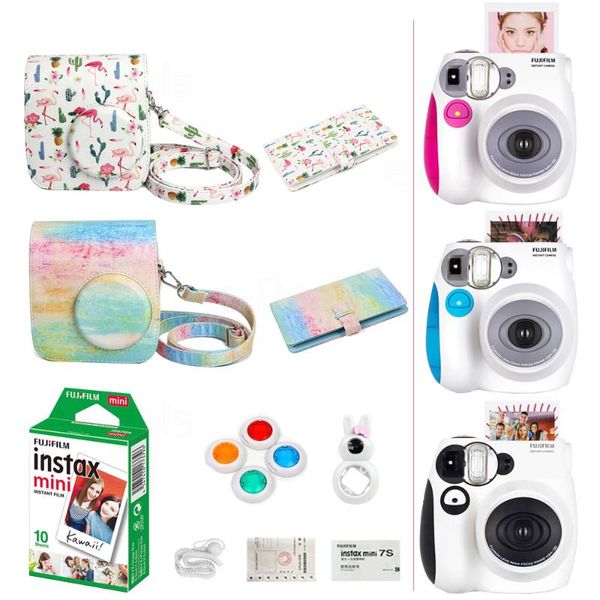 

film cameras instax mini 7s instant po camera set with 10 sheets film, selfie lens, color filters, cam case,