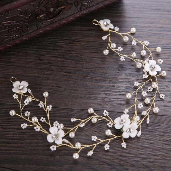 

forseven gold pearl rhinestone bridal headband ceramic flower bridal tiaras headpiece hair jewelry wedding hair accessories jl, Golden;silver