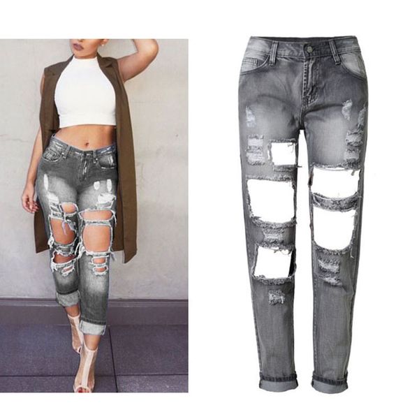 

women's jeans fashion women hole denim pants bf punk style vintage washed smoke gray cotton trousers loose straight leggings, Blue