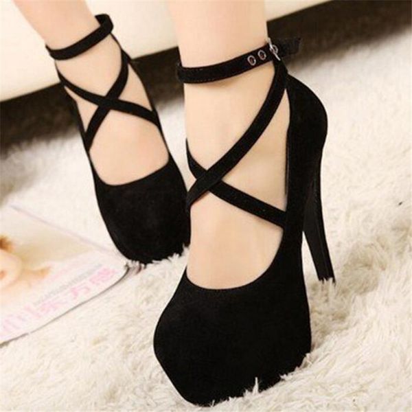 

korean version of the new ultra high heel stiletto shoes xl fashion cross strap waterproof platform women's single product trend, Black