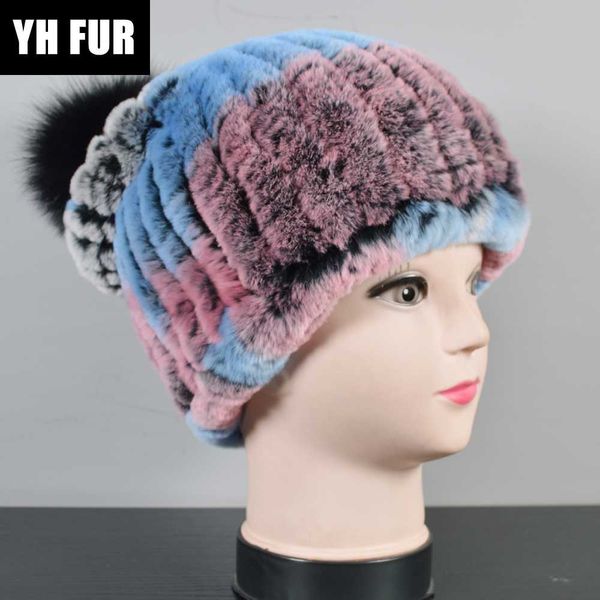 

beanie/skull caps 2021 real fur pompom ball hats women knit elastic natural rex beanies winter hat skullies, Blue;gray
