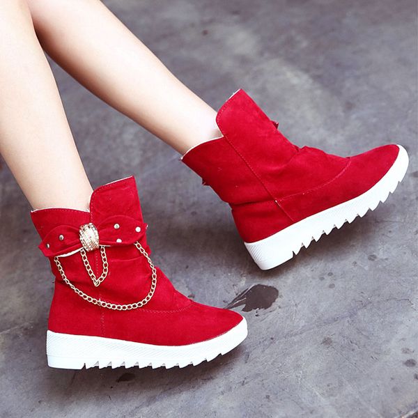 

wintersnow boots with bow stubble.side chain boots with low heels.flat bottom big cotton-padded shoes suede casual short boot, Black