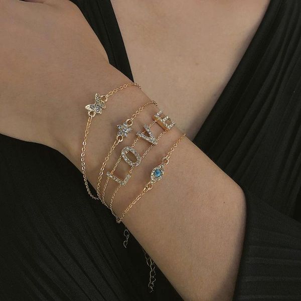 

c.ycx 4 pcs/set fashion gold butterfly evil eye crystal bracelets for women geometric jewelry design boho office statement gifts, Black