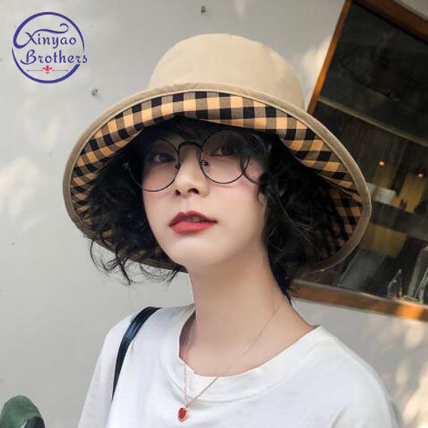 

New Arrival Spring SummerDouble-sided Plaid Sun Hat solid Fashion Fisherman's Hat, Blue;gray
