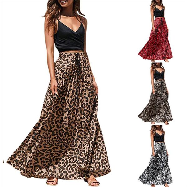 

fashion womens long drawstring pleated high waisted bohemian skirt summer ladies leopard print elastic long skirt tutu femme, Black