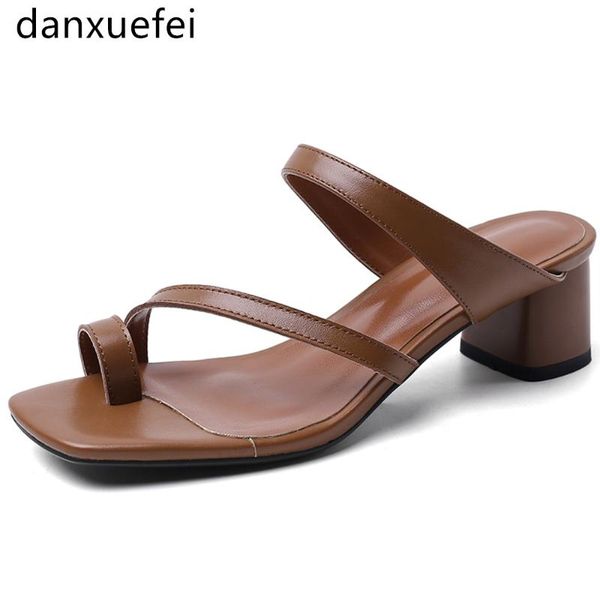 

women's genuine leather slip-on thick high heel sandals open toe narrow band flip-flop summer elegant ladies casual daliy shoes, Black