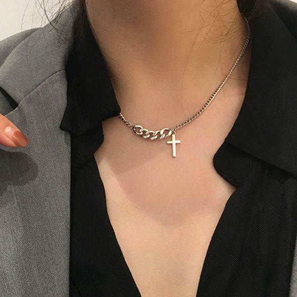 

vintage creative thick chain cross pendant necklace for women fashion geometric clavicle necklace party jewelry necklaces, Silver