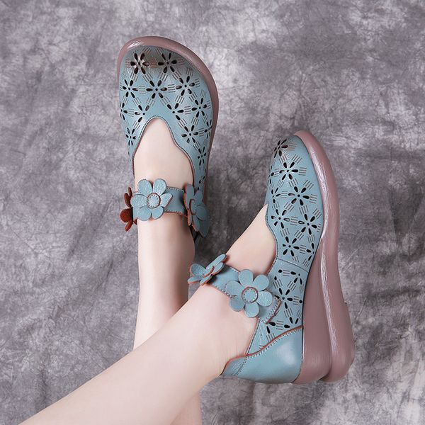 

genuine leather shoes women wedges heels round head hollowed out national style female shoes, Black