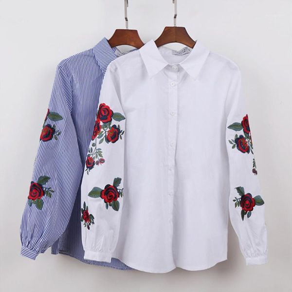 

clothing fashion lapel neck shirts womens loose embroidery floral long sleeve stripe designer tees womens casual, White