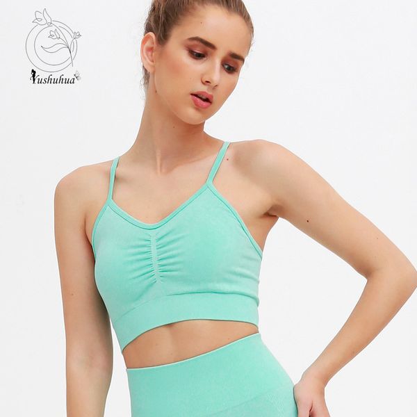 

yushuhua бесшовные неоновые цвета проложенный тренировки спорт bras top женщины push up регулируемые ремни бег гимнастика йога бюстгальтеры, White;black