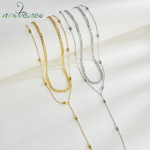 

nextvance multilayer stainless steel fashion bead pendant necklace sweater chain for women girl anniversary gift bijoux jewelry, Silver