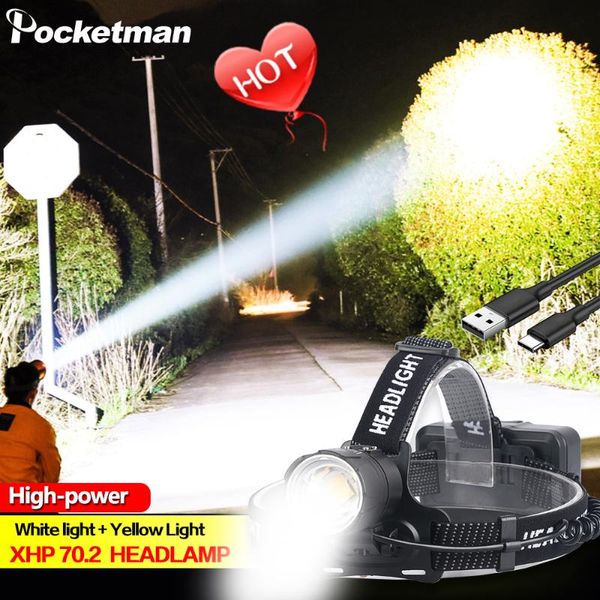 

200000lm xhp70.2 led headlamp xhp70 yellow white led headlight fishing camping zoom usb rechargeable torch use 3*18650 batteries