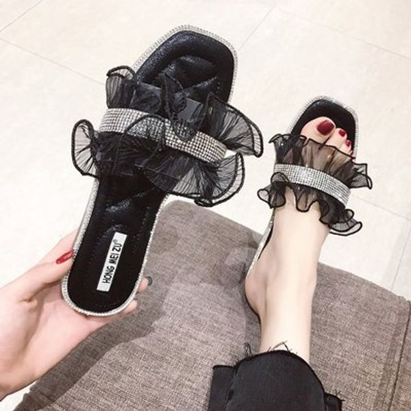 

2020 summer wild new fashion net red slippers female outside wearing student girl heart rhinestone flat shoes ins tide, Black