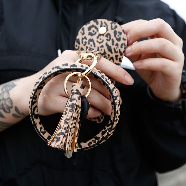 

3 color leopard keychain bracelet pu leather wristlet coin purse kit with tassel 634d, Silver