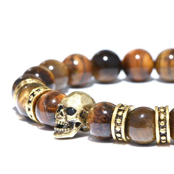 

diffone mens natural stone bracelet gothic skull braslet tiger eye brazalete beads accessories for hombre viking braclet pulsera, Black