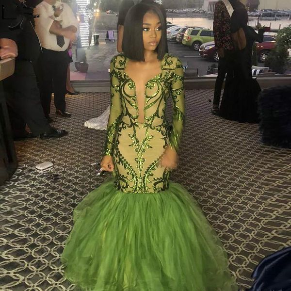 

new african 2020 dark green mermaid prom dresses ruched skirts appliques sequined long sleeves plunging v neck evening gowns formal, Black