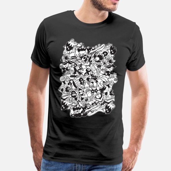 

black and white scary monsters in doodle art style t shirt men loose tee shirt crew neck natural loose funny summer letter shirt