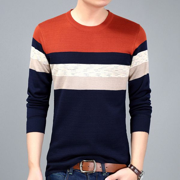 

autumn winter fashion brand clothing men knitted sweater thin stripes slim fit pullover men cotton o-neck sweaters for, White;black