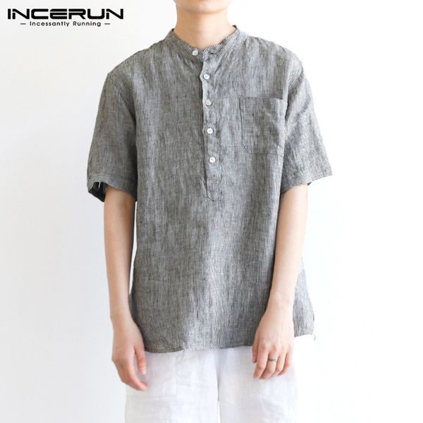 

incerun 2020 men solid color shirt japanese fresh striped short sleeve stand collar casual literary loose cotton soft camisas, White;black