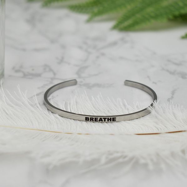 

breathe" inspirational quote hand stamped bangle custom jewelry, Black