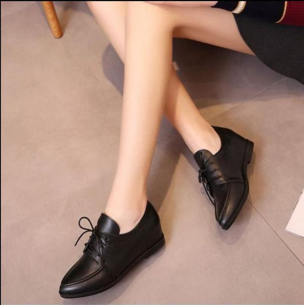 

new pointed inner heightening small leather shoes wedge heel lace ladies deep mouth mother shoes trend n51, Black