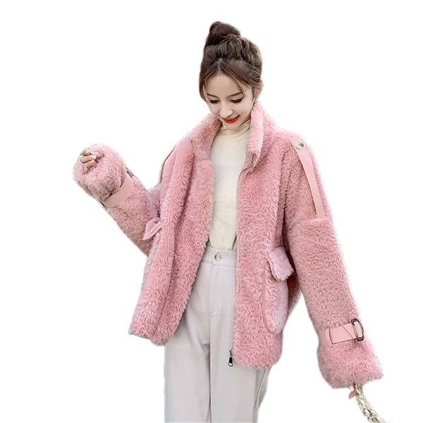 

2020 sheep fleece-cut stitching faux fur coat all-in-one korean wool granular velvet winter jacket women zipper turn-down collar, Black