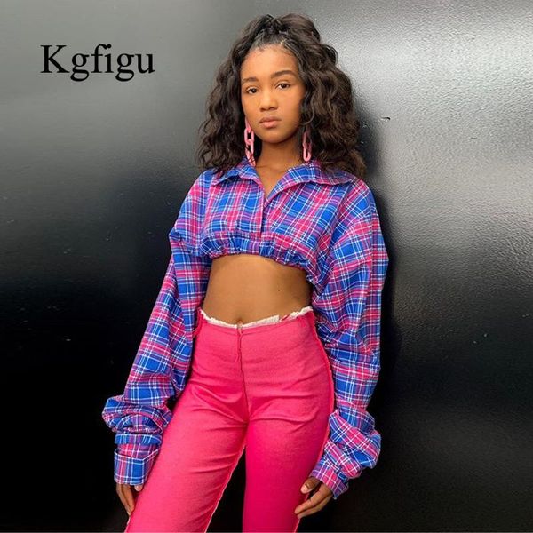 

kgfigu 2020 chrismas plaid lantern long sleeve lapel 2020 fall women short slim t-shirt tees, White