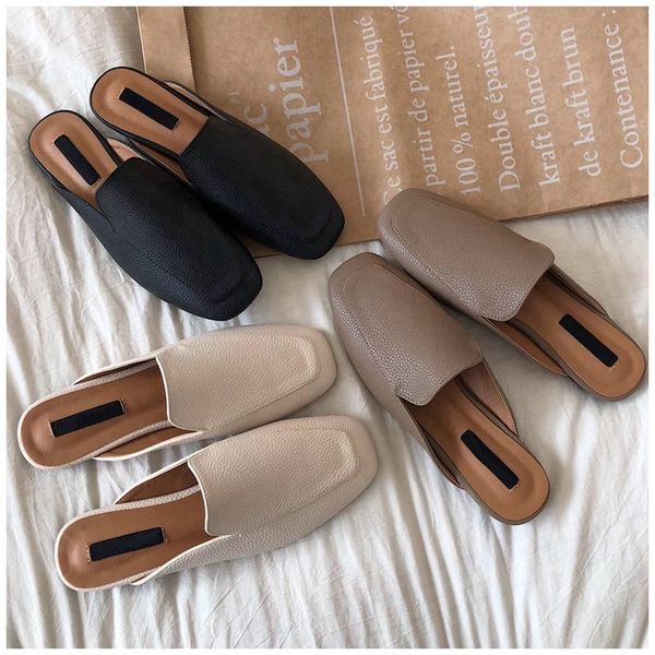 

women slipper soft leather round toe slipper slip on outdoor sandal causal flat heel slides, Black