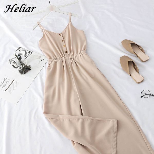 

heliar women jumpsuits lady solid spaghetti high waist jumpsuit with button rompers party cloth 2020 summer female maxi playsuit, Black;white