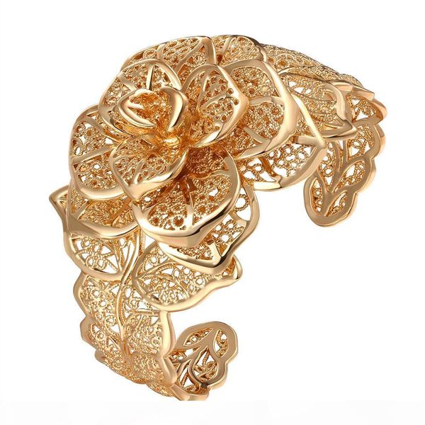 

filigree flower cuff bangle 18k yellow gold filled fashion womens bangle bracelet wedding jewelry gift dia 58mm, Black