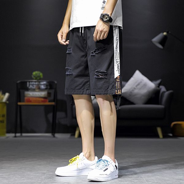 

summer new style japanese-style interior large size contrast color printed with holes shorts m-5x hk172 men's casual shorts-40, White;black