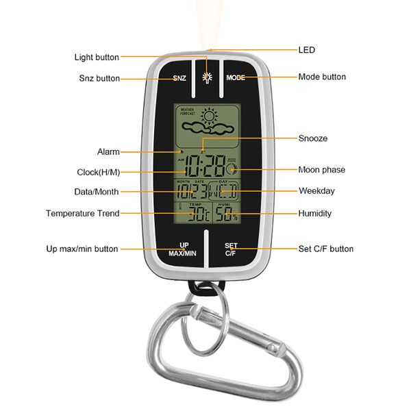 

weather station forecast with led light compass temperature and humidity records mini portable hygrometer hanging key buckle