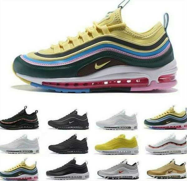 

2020 air 97 men women running shoes sliver bullet evergreen sunburst undefeated olive triple black team red sports sneakers, White;red