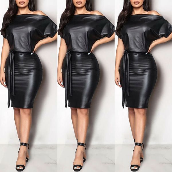 

black asymmetrical faux leather bodycon dress women summer long sleeve knee length pencil dresses, Black;gray