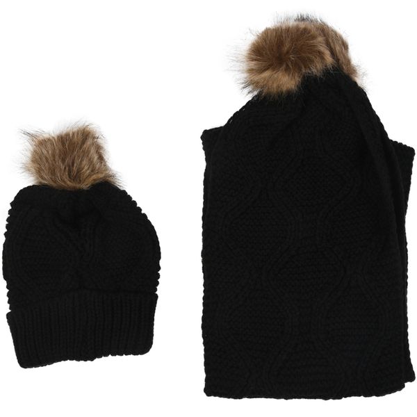 

beanies womens stylish rhombus knitting hairball hat + scarf set black