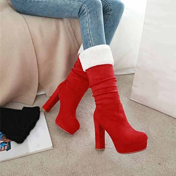 

ymechic fashion winter folding platform boots black red flock suede female shoes mid long riding boots large size high heel boot