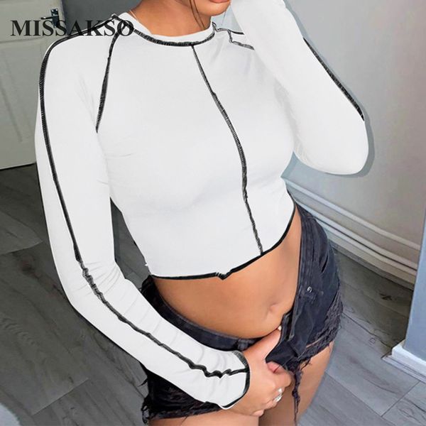 

missakso autumn skinny t shirt streetwear new arrival long sleeve fashion lady o neck club trim women top, White