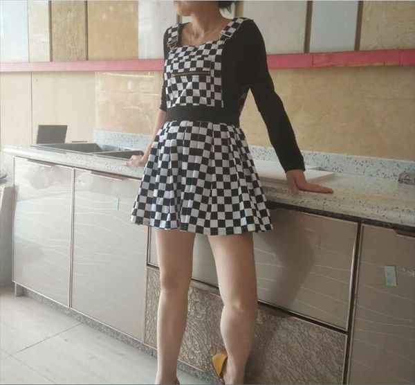

vintage women checkered plaid jumper skirt gothic a line skater skirt straps zipper overall female high waist suspender backless, Black