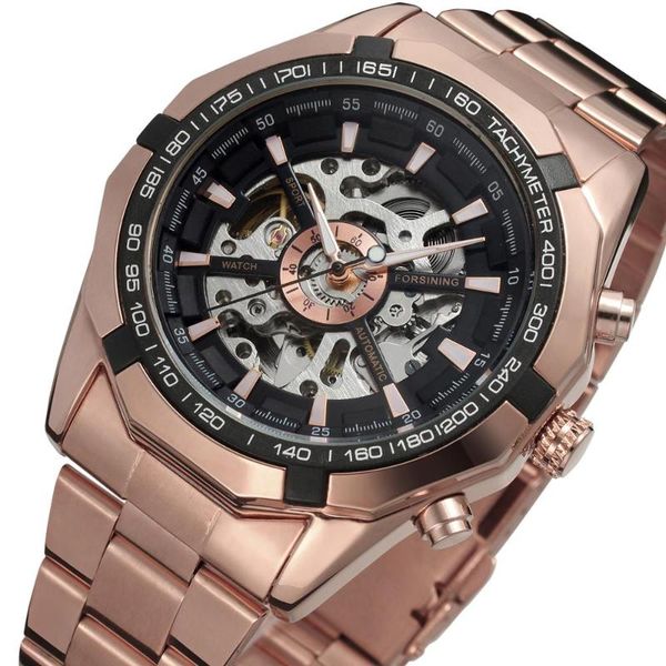

rose gold case 3d hollow skeleton design automatic mechanical watch men stainless steel sport wristwatch mens honkidy, Slivery;brown