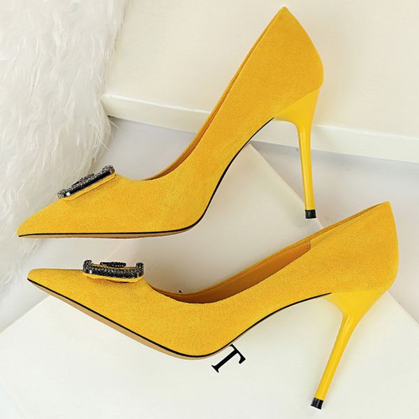 

2020 women stripper 9.5cm high heels suede pumps lady scarpins flock bridal pink heels crystal office yellow stiletto shoes, Black
